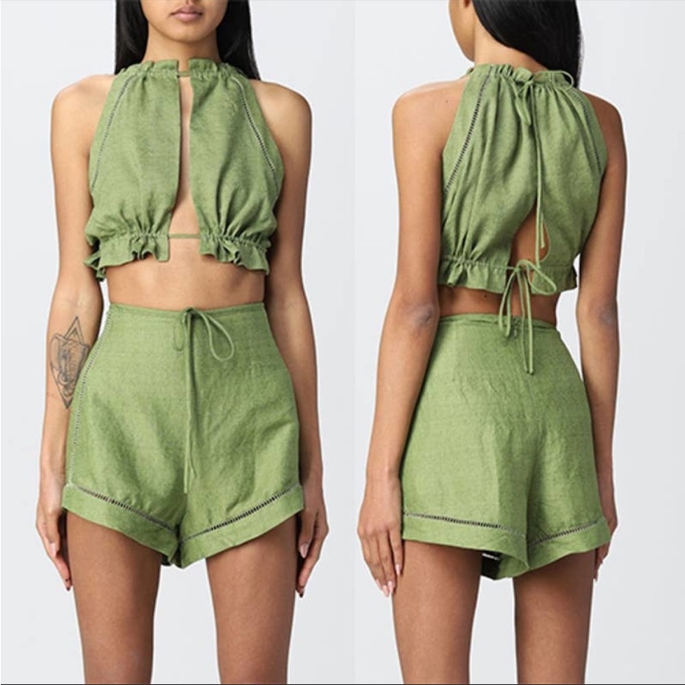 Cult Gaia Green Ruched Crop Open Tie Top Women's Size XS NWOT